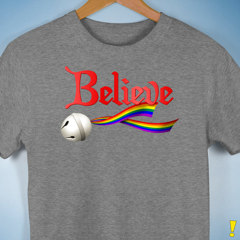 Believe LGBTQ Rainbow Pride Jingle Bell Premium Unisex T-Shirt - Grey Heather